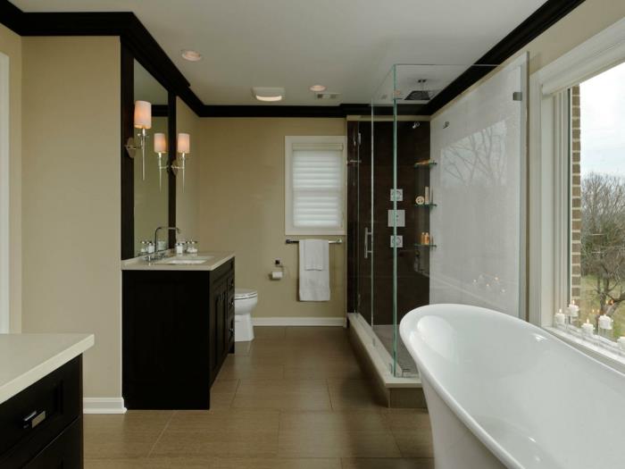 Šiuolaikinis vonios kambario modelis-balta vonia, įmontuota į kriauklę-rudai-vonios kambarys-spintelė-stiklo siena-dušo kabina-blaivus stilius