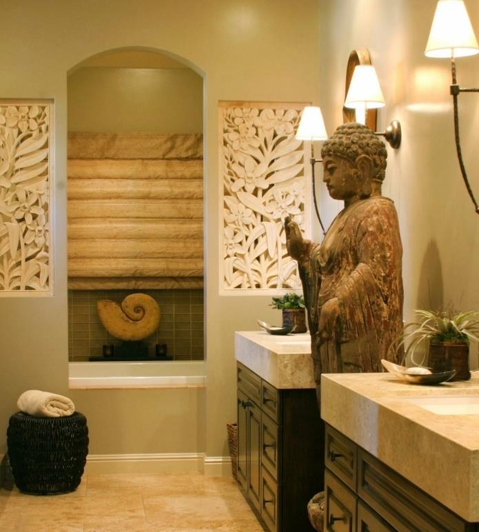 „Zen-deco“ vonios kambarys-egzotiškas vonios kambarys-rytietiškas lietimas-dvi vienvietės kriauklės-įmontuoti vonios kambario baldai