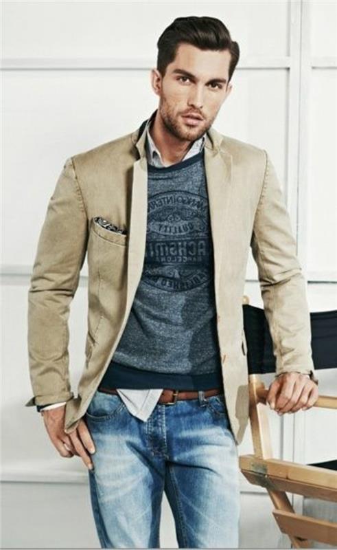 abbigliamento-uomo-casual-giacca-color-sabbia-maglione-camicia-jeans-acconciatura-taglio-pompadour