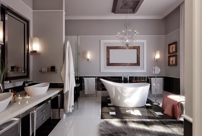 gri beyaz ve siyah banyo modeli, küvetli ve duş kabinli geniş banyo düzeni