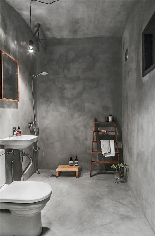 zemin tavan ve gri mumlu beton duvar ile banyo yenileme fotoğrafı