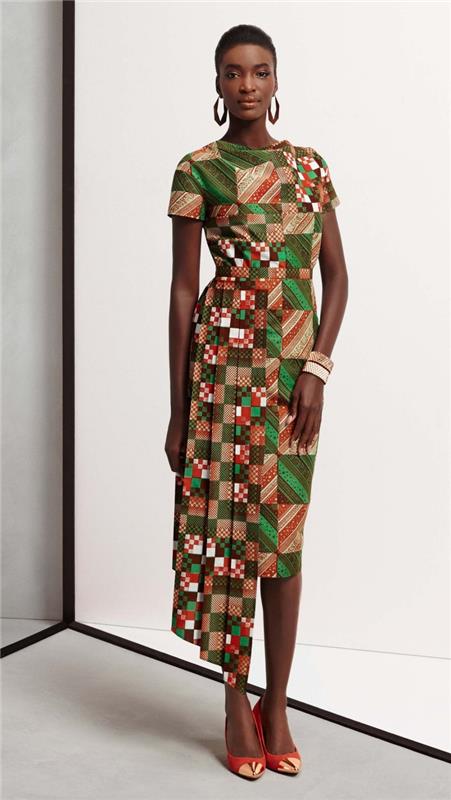 Suknelės modelis iki kelių iš afrikietiško audinio, oranžinės ir žalios spalvos vaško nugarinės idėja, pavyzdys vidutinio ilgio suknelė trumpomis rankovėmis