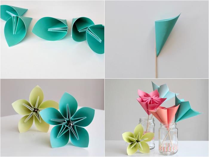 Paprasta popieriaus lankstymo pamoka, kaip padaryti gražų origami ramunėlę, sudarytą iš kelių suklijuotų origami žiedlapių