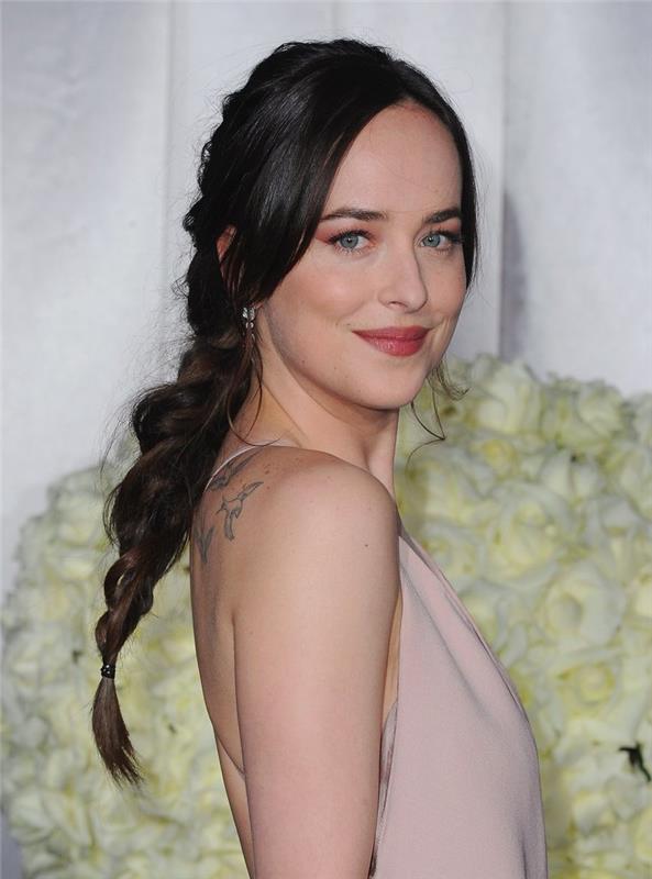 model ženske pričeske z okroglim obrazom, mehka pletenica s prameni okoli obraza, pričeska z neurejenim učinkom, dakota johnson