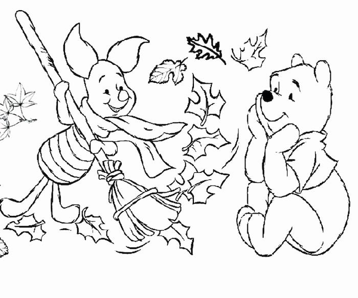 Winnie the Pooh Sonbahar Çizimi, Boyama Yaprağı ve Hayvanlar Sonbahar Çizimi, Domuz Yavrusu ve Havalı Winnie Çizimi