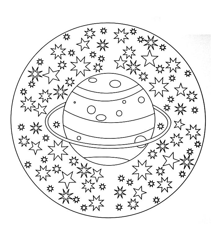 lengvas mandalų dažymo puslapis vaikams kosmoso, žvaigždės ir planetos spalvinimo mandalos tema