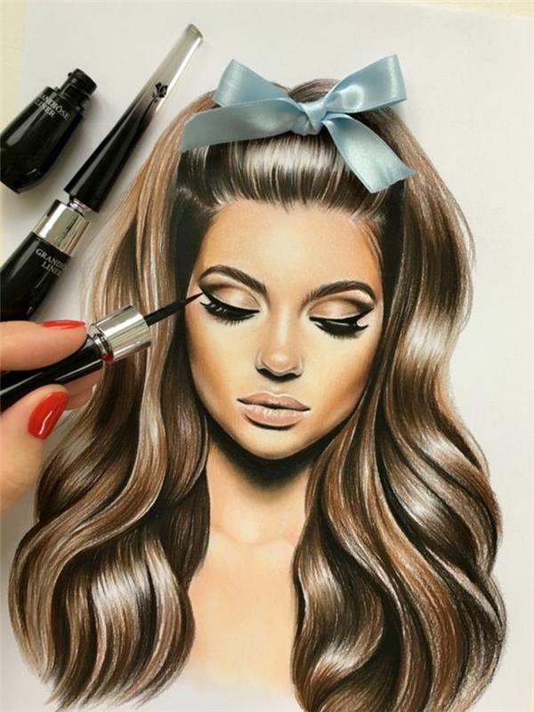 Disegni tumblr facili da copiare, donna con capelli ricci, disegno con eyeliner