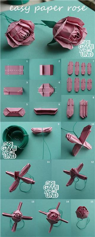 Paprasta origami pamoka, kaip pasidaryti popierinę rožę iš kelių sulankstytų raukšlių, paprasto lankstymo pavyzdys