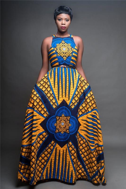 ilgos suknelės iš etninio audinio pavyzdys, madingi Afrikos stiliaus moteriški drabužiai, mėlynos ir oranžinės spalvos suknelės su diržais pavyzdys