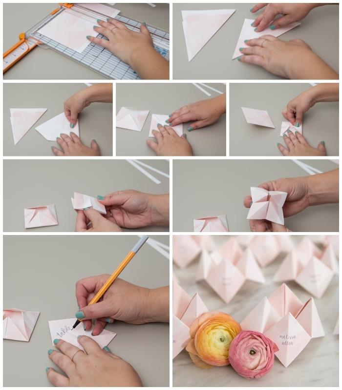 dekoratyvinė vestuvių stalo idėja pasigaminti patiems, popierinio indo sulankstymas kaip vietos kortelė