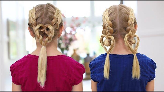 Kaip suformuoti širdį iš dviejų pintinių, dvi originalios šukuosenos idėjos šviesiems mergaitėms ilgiems plaukams, graži vaiko šukuosena, lengva šukuosena