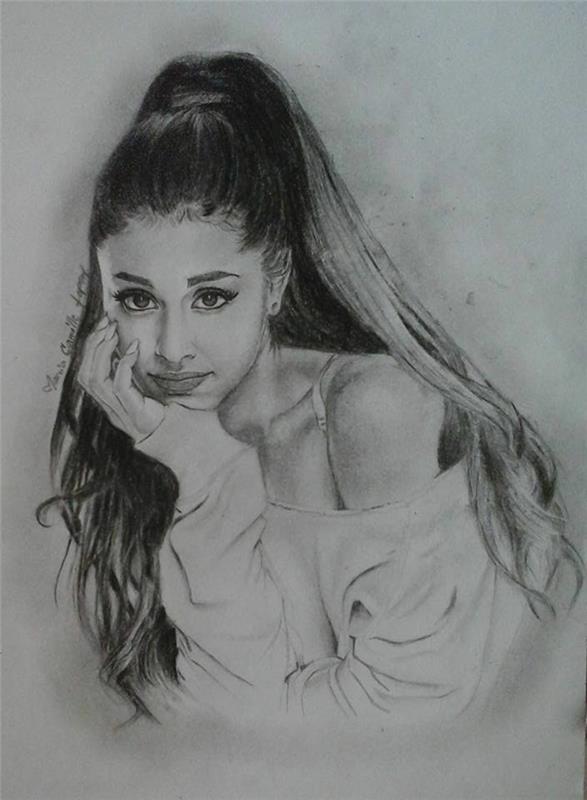 Disegno ragazza, ritratto di Ariana Grande, disegno a matita su foglio bianco