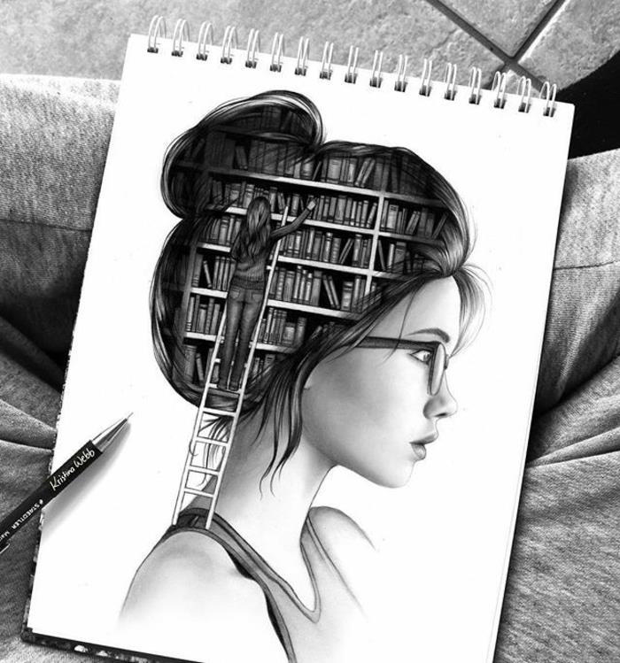 Pridite disegnare una persona, disegno di una ragazza, disegno libreria con libri