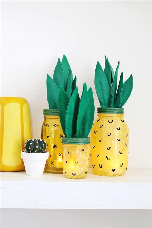 okrasite dekor z namizno svetilko iz ananasa iz poslikanega kozarca in listov iz filca