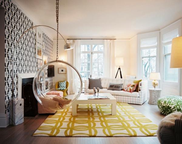 asma-sandalye-oturma odası-sarı-halı-duvar kağıdı-geometrik-desenler