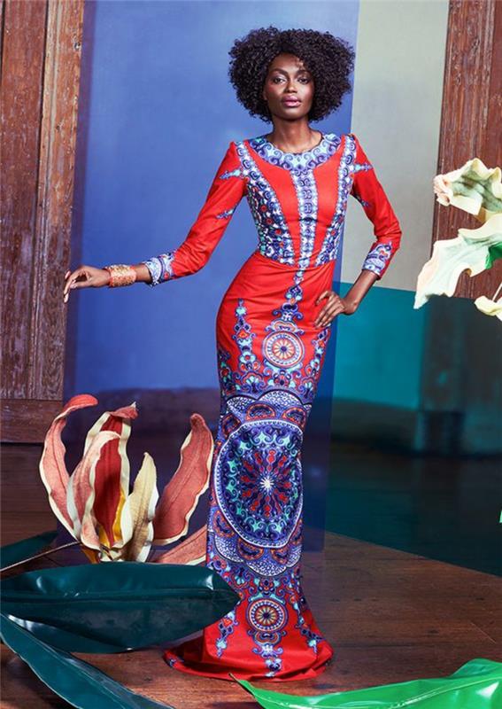 elegantiškas afrikietiškos suknelės modelis su ilgomis rankovėmis, afrikietiškas nugarinės stilius, mėlynos ir raudonos spalvos, su apvalia iškirpte, iškiliai dekoruota turkio mėlyna spalva
