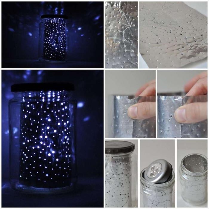 izvirna ideja za namizno svetilko iz ozvezdja iz aluminijaste folije in steklenice iz recikliranega stekla