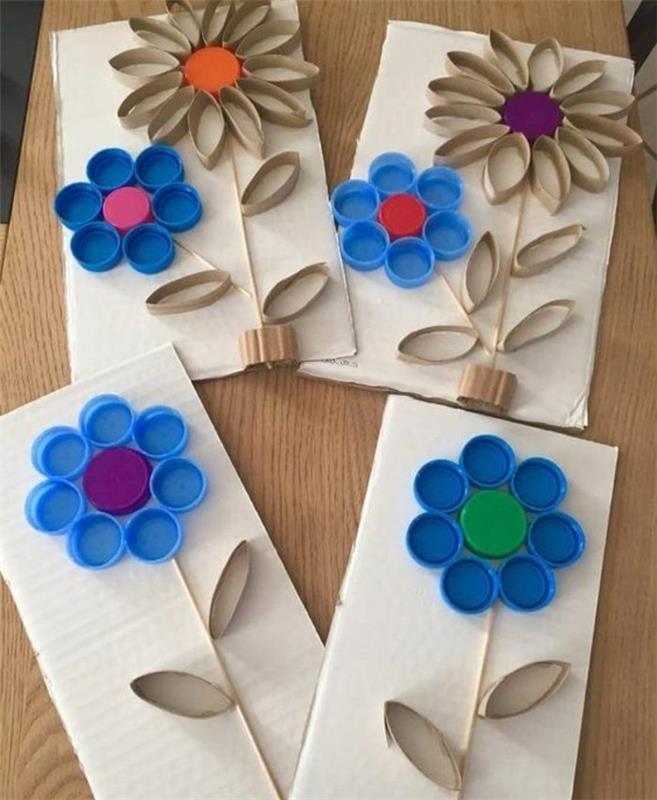 lavoretti-per-bimbi-fiori-colorati-fabbricati-rotoli-carta-igienica-tappi-bottiglia-idea-creativa -original