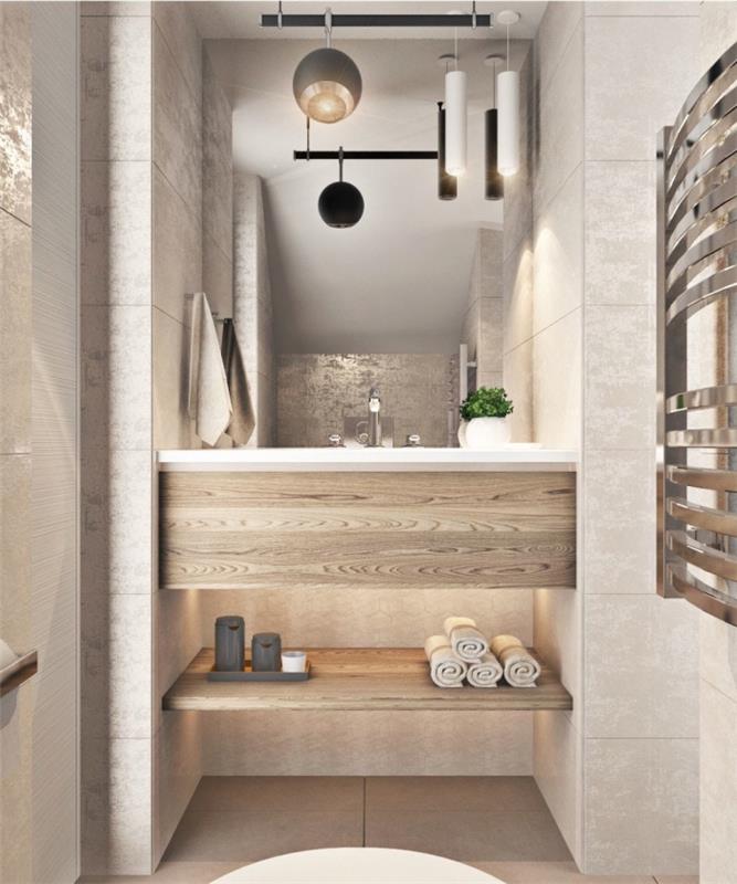 taş efektli modern banyo karosu modeli, siyah desenli bej ve açık renkli küçük banyo dekoru