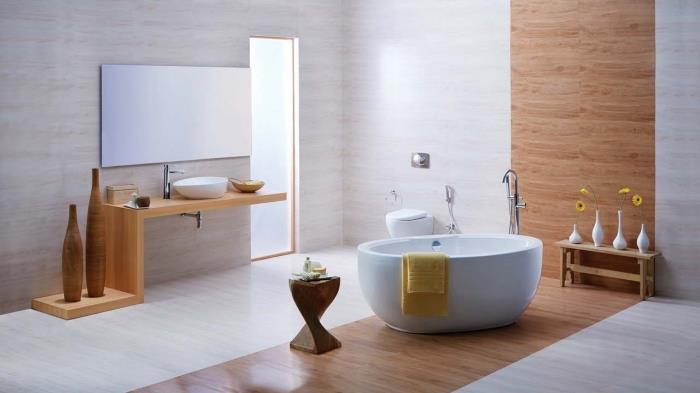 beyaz ve ahşap modern banyo dekorasyonu, taklit ahşap panellerle banyo duvar kaplaması