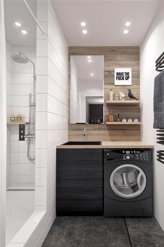 beyaz duşakabin ve kısmi ahşap kaplama ile modern küçük banyo dekoru, duvar depolama raf modeli