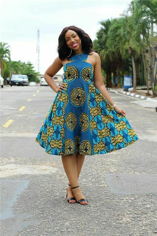 vaškiniai drabužiai, afrikietiška suknelė, afrikietiška mada, modelis mėlynos ir geltonos spalvos, ilgis žemiau kelių, be rankovių, vasaros modelis