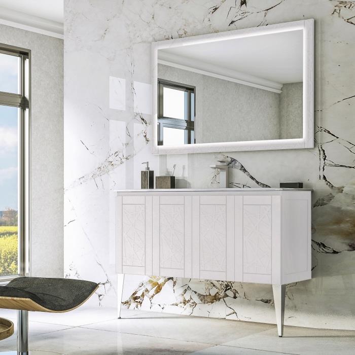 beyaz banyo lavabo dolabı, lüks mermer tasarımlı duvar kaplama modeli, beyaz şık banyo dekoru