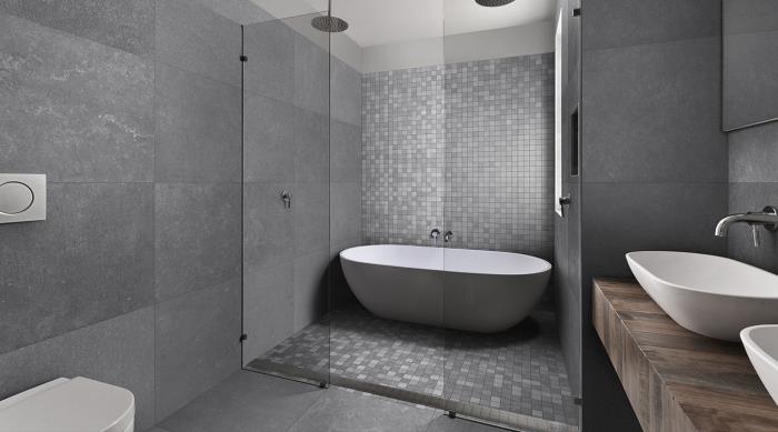 koyu ahşap dolap üniteli gri banyo modeli, modern beyaz armatürlü gri banyo