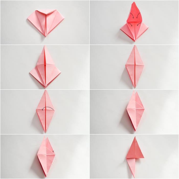 sužinokite, kaip padaryti gražią origami gėlę, atlikdami paprastus lankstymo veiksmus, kaip padaryti gėlių girliandą iš popierinių gėlių