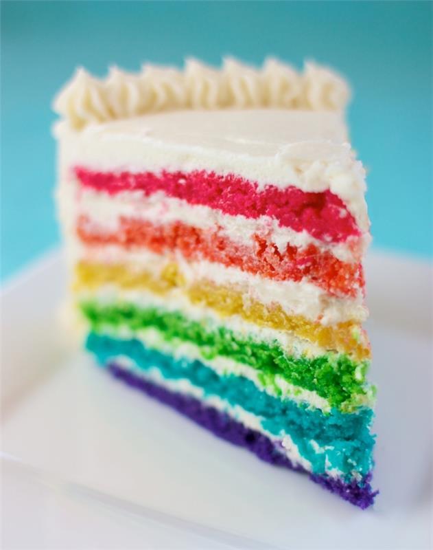 bir çocuğun doğum günü için hangi kendin yap pastası, gökkuşağı renklerinde kat pasta örneği, yumurtasız tarif