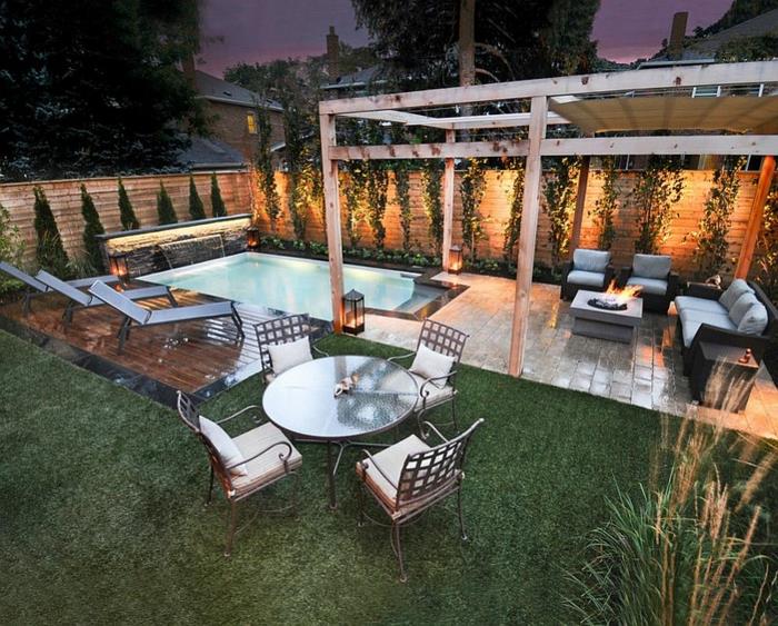 Havuz çevresinde şezlonglar, bahçe teras düzeni, hangi bahçe mobilyası seçeceğiniz kanepe ve masa