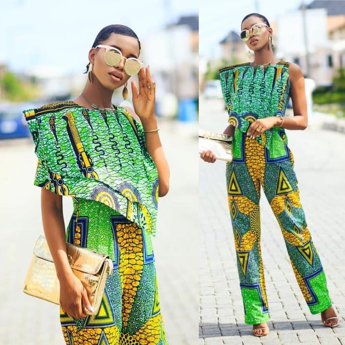 stilingas moteriškas mados modernaus afrikietiško stiliaus rinkinys, žalios spalvos afrikietiškas nugarinės drabužis su geltonos ir mėlynos spalvos ornamentais