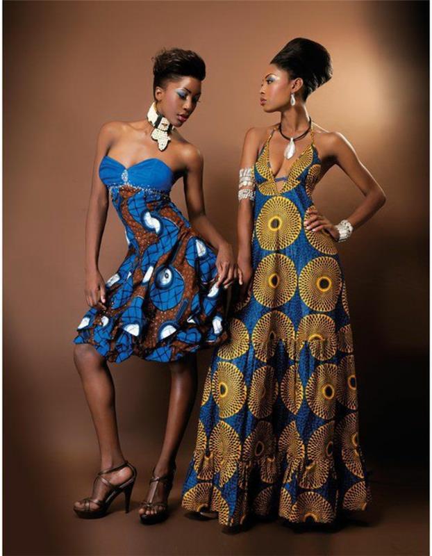 Afrikietiška mada, afrikietiška suknelė, ilga ir mini, du modeliai, afrikietiška apranga moterims, nuo pečių, paryškinti ploni dydžiai, basutės su dygliuotais kulnais
