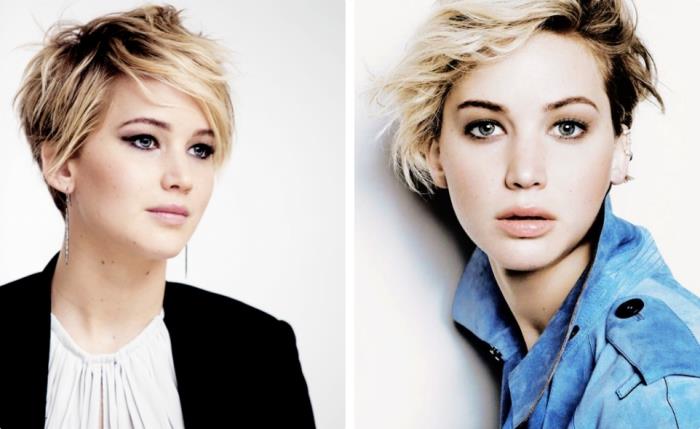 Yapılandırılmamış kısa saçlı, koyu renkli köklere ve sarı uçlara sahip Jennifer Lawrence saç modeli