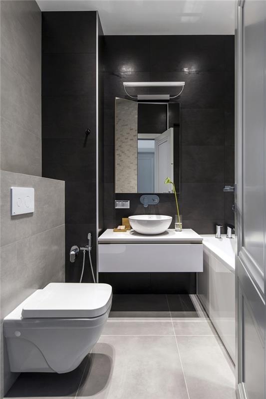 modern banyo küçük alan dekorasyonu beyaz ve gri duvar karoları siyah aynalı lavabo dolabı beyaz