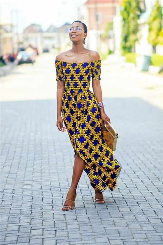 ilgos suknelės su skeltuku modelis, drabužių idėja moterims iš afrikietiško audinio, afrikietiškos geltonos ir mėlynos spalvos suknelės pavyzdys