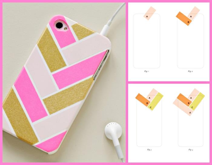 diyagramı takip ederek ve üç pastel pembe şeker pembe ve altın oje ile iphone 6 kasasını kişiselleştirmek için kolay öğretici