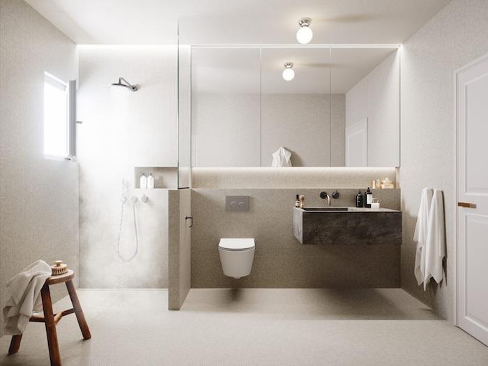 İskandinav detayları, banyo dolabı ünitesi, ahşap ve beyaz renkli güzel banyo dekorasyonu ile minimalist tarzda modern bir banyo yaratın