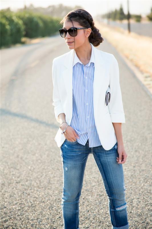 stile-casual-donna-smart-chic-jeans-camicia-blazer-bianco-capelli-legati-occhiali-da-sole