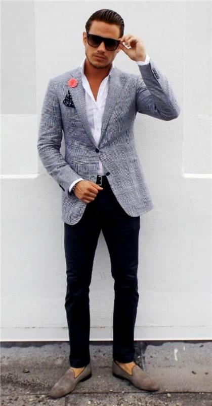 stile-casual-uomo-pantalone-nero-camicia-bianca-blazer-color-grigio-accessori-maschili-occhiali-da-sole