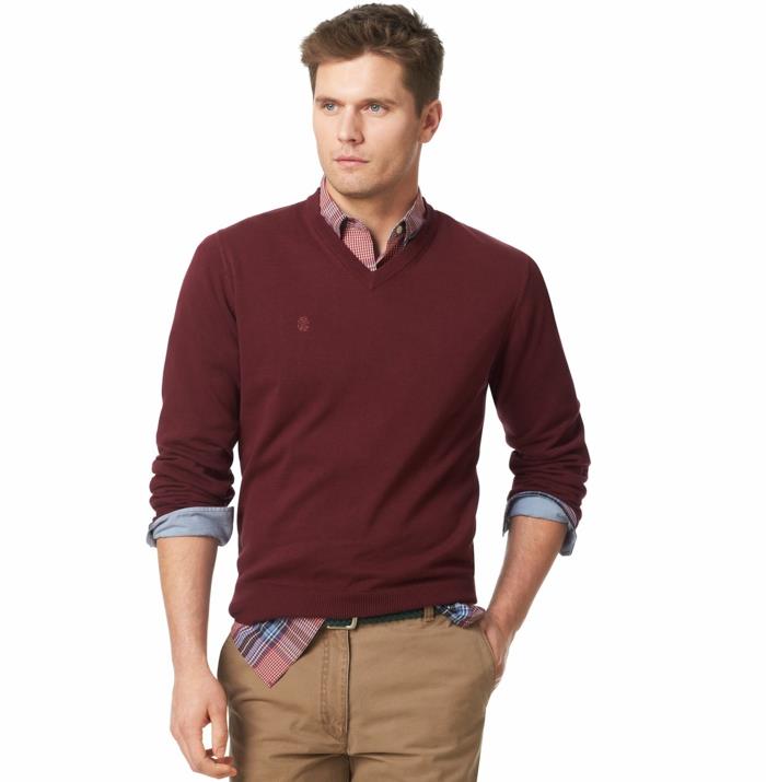 stile-rahat-uomo-vestiti-comodi-pantalone-renk-bej-camicia-quadri-maglione-renk-bordo