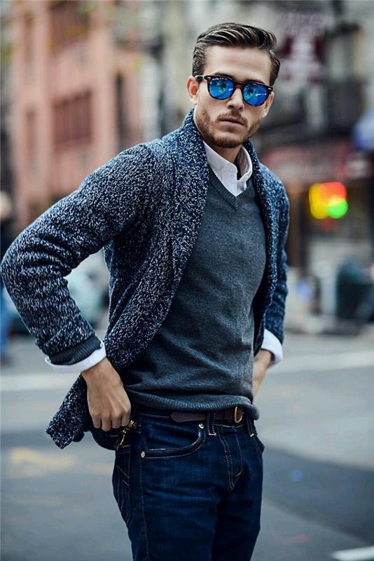 stile-gündelik-vestiti-uomo-jeans-maglione-camicia-hırka-lana-scuro-occhiali-da-sole