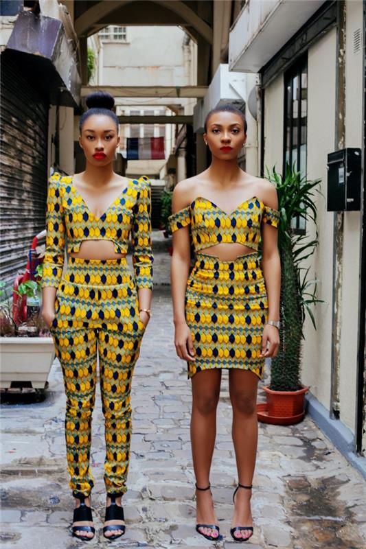 makiažo su matiniais raudonais lūpdažiais pavyzdys, geltonos ir žalios spalvos afrikietiško audinio raštas, Afrikos drabužių idėja šiuolaikinei moteriai