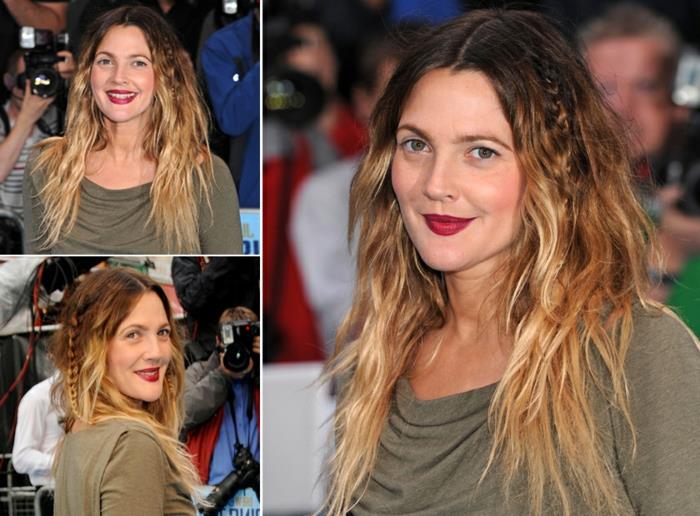 kaklaraištis ir dažymas brunetė, ilgi šiek tiek garbanoti plaukai, Drew Barrymore šukuosena