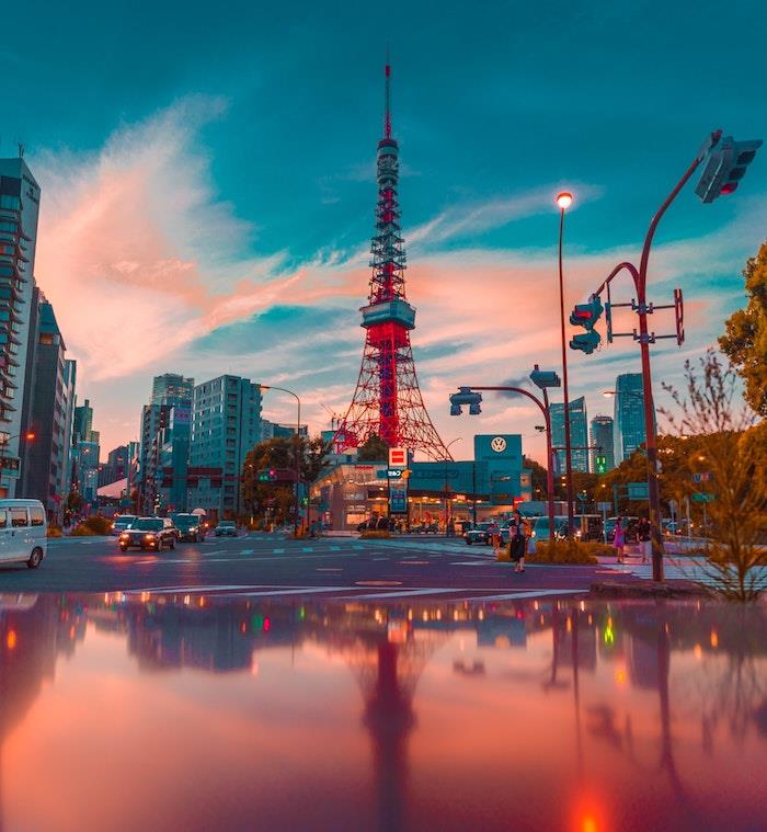 Tokijska deževna mestna pokrajina, japonska jesenska pokrajina, azijska pokrajina Tokijski rdeči stolp, lepa azijska mesta