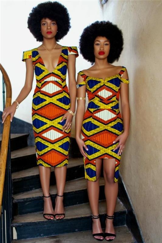 dvi išvaizdos su suknelėmis, ilgi ir mini, afrikietiški drabužiai, juodos basutės su plonais raišteliais, afro kamuoliukų šukuosena, geometriniai raštai ant suknelių